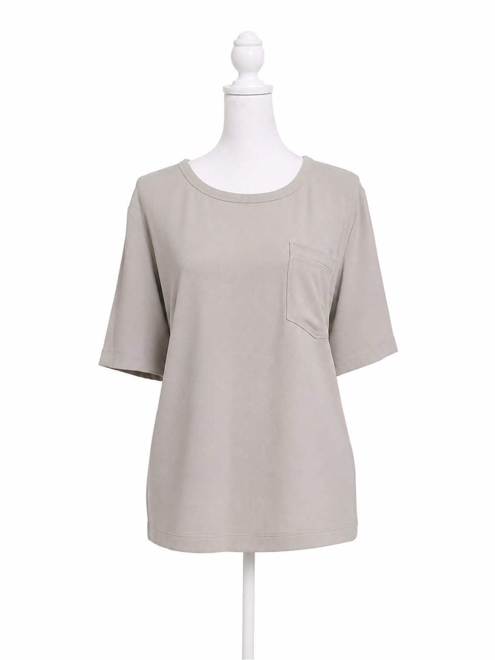 St. John Womens M Taupe Gray Short Sleeve Pocket Top Triacetate Blend NWT